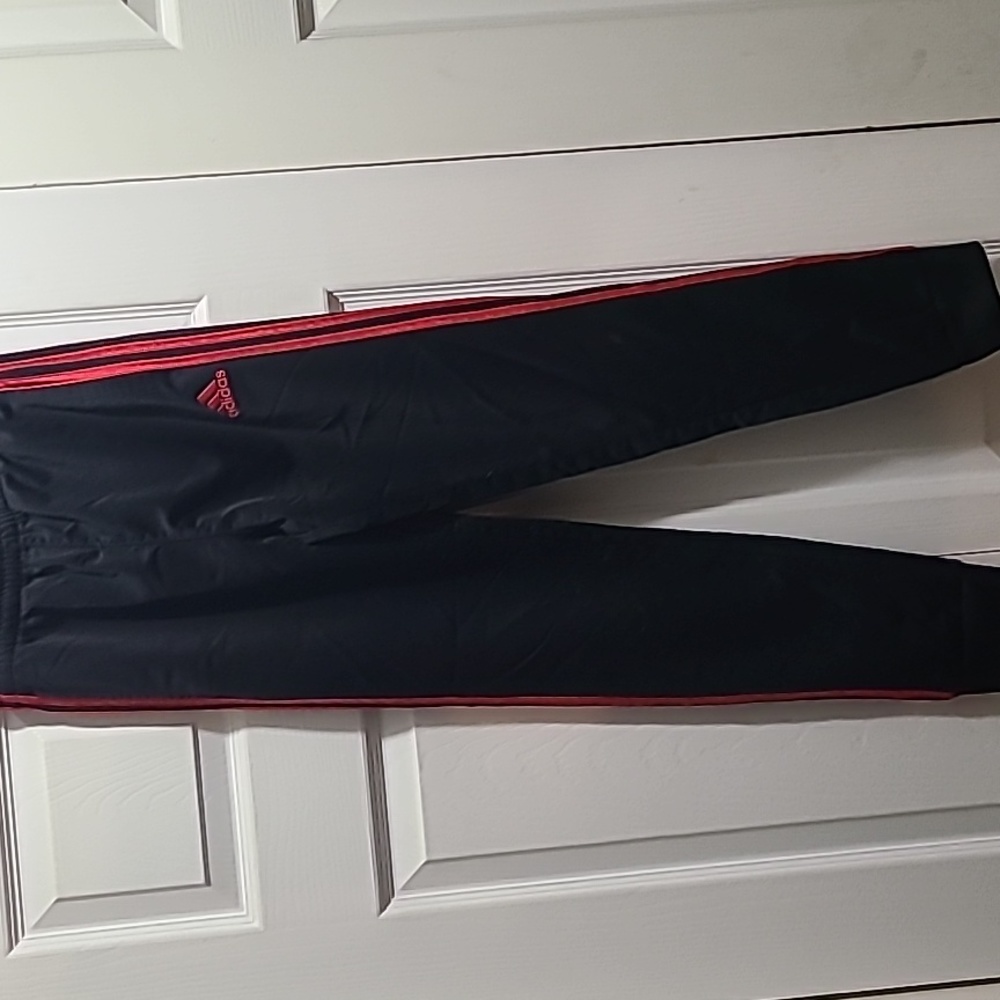 Adidas boys large tapered joggers black and red triple stripe pants